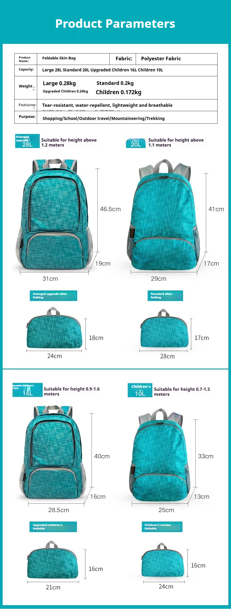 folding lightweight Mountaineering backpack for Women Children men
