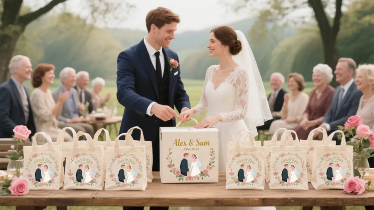 Personalized wedding and bridal party bags for couples and guests