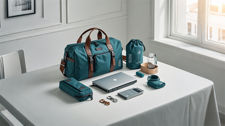 Lifestyle flat lay of travel, work and gym bags