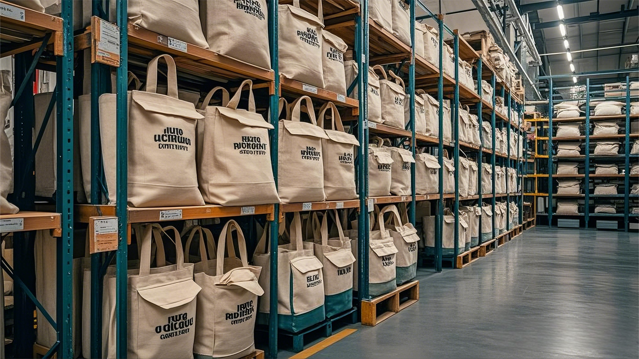 Blank canvas bags on warehouse shelves