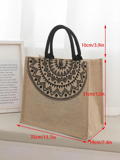 Geometric Print Linen Satchel Bag