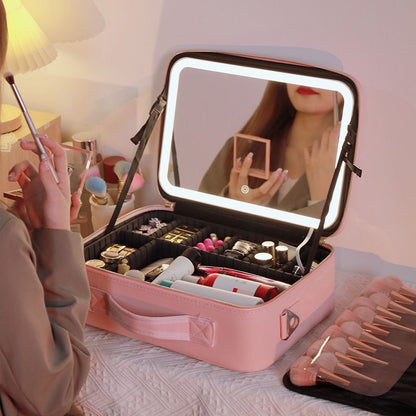 Professional storage organize cosmetic bag with led mirror