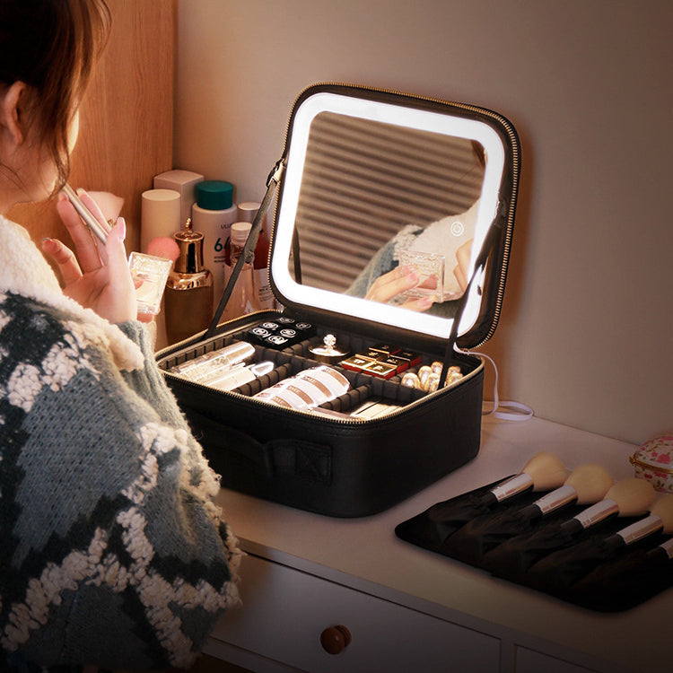 Professional storage organize cosmetic bag with led mirror