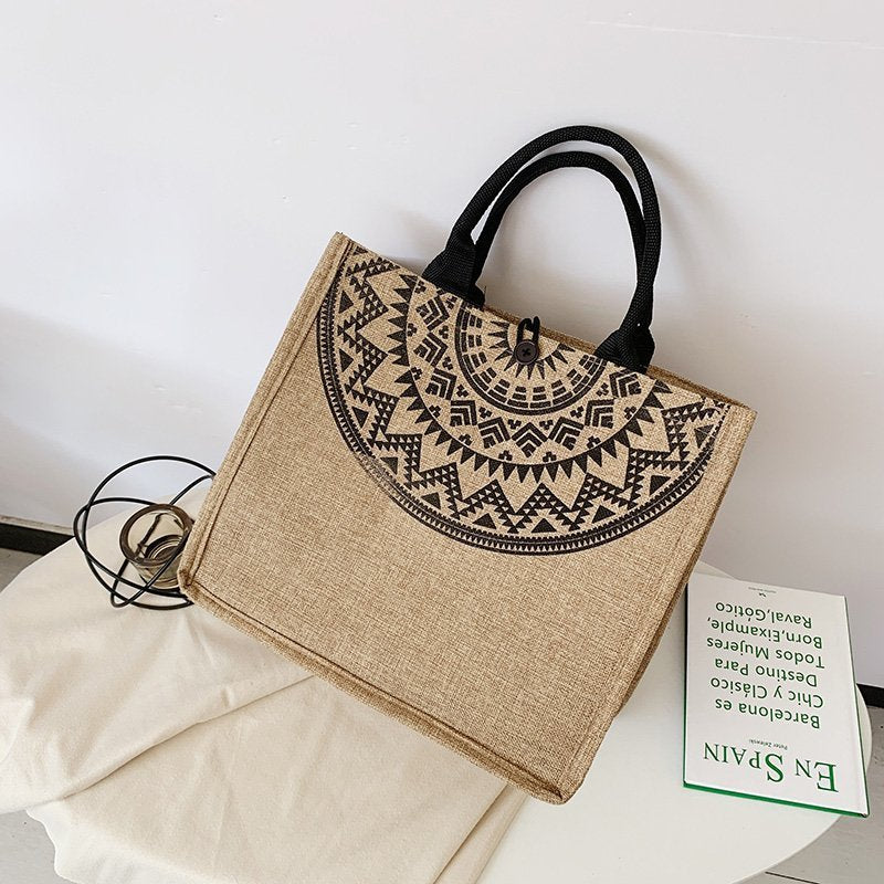 Geometric Print Linen Satchel Bag