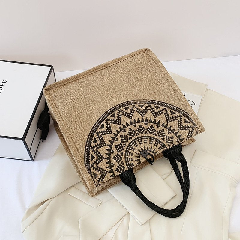 Geometric Print Linen Satchel Bag