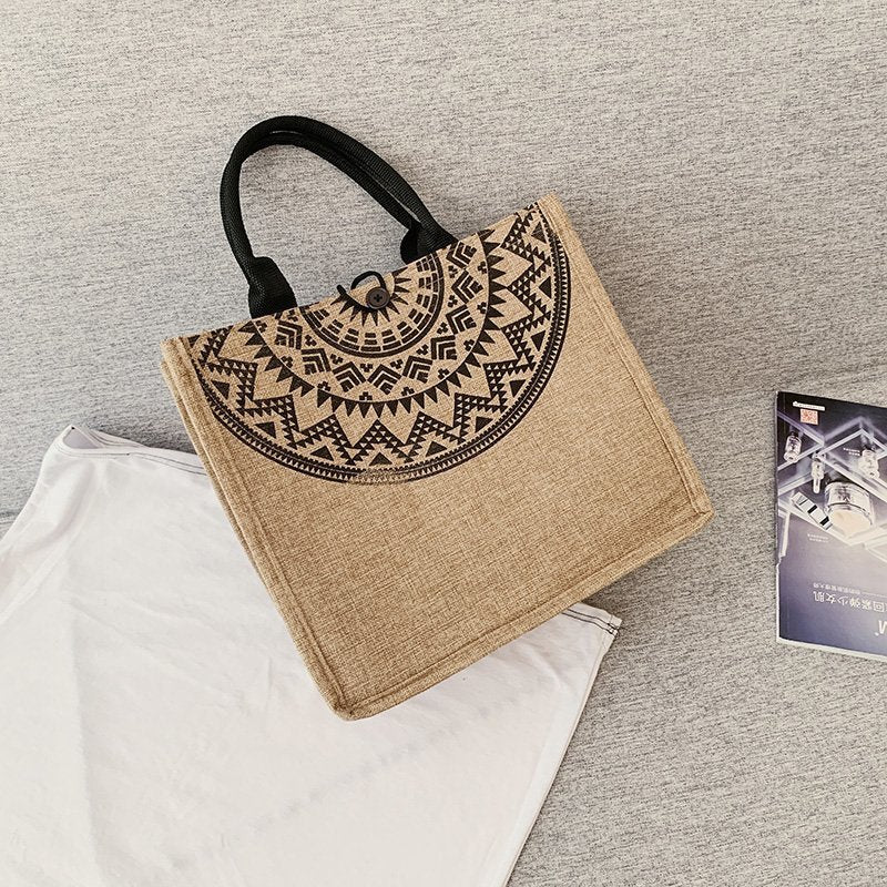 Geometric Print Linen Satchel Bag